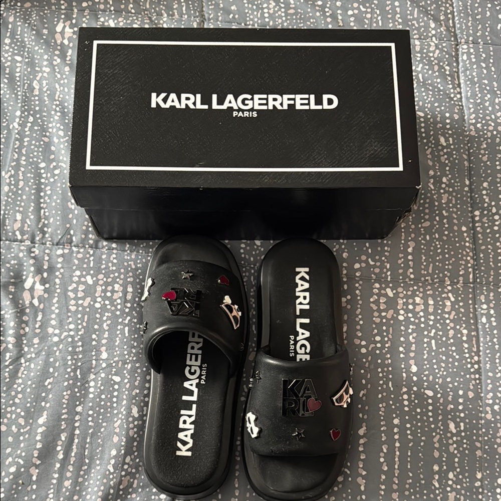Karl Lagerfeld Black Slides with Embellishments